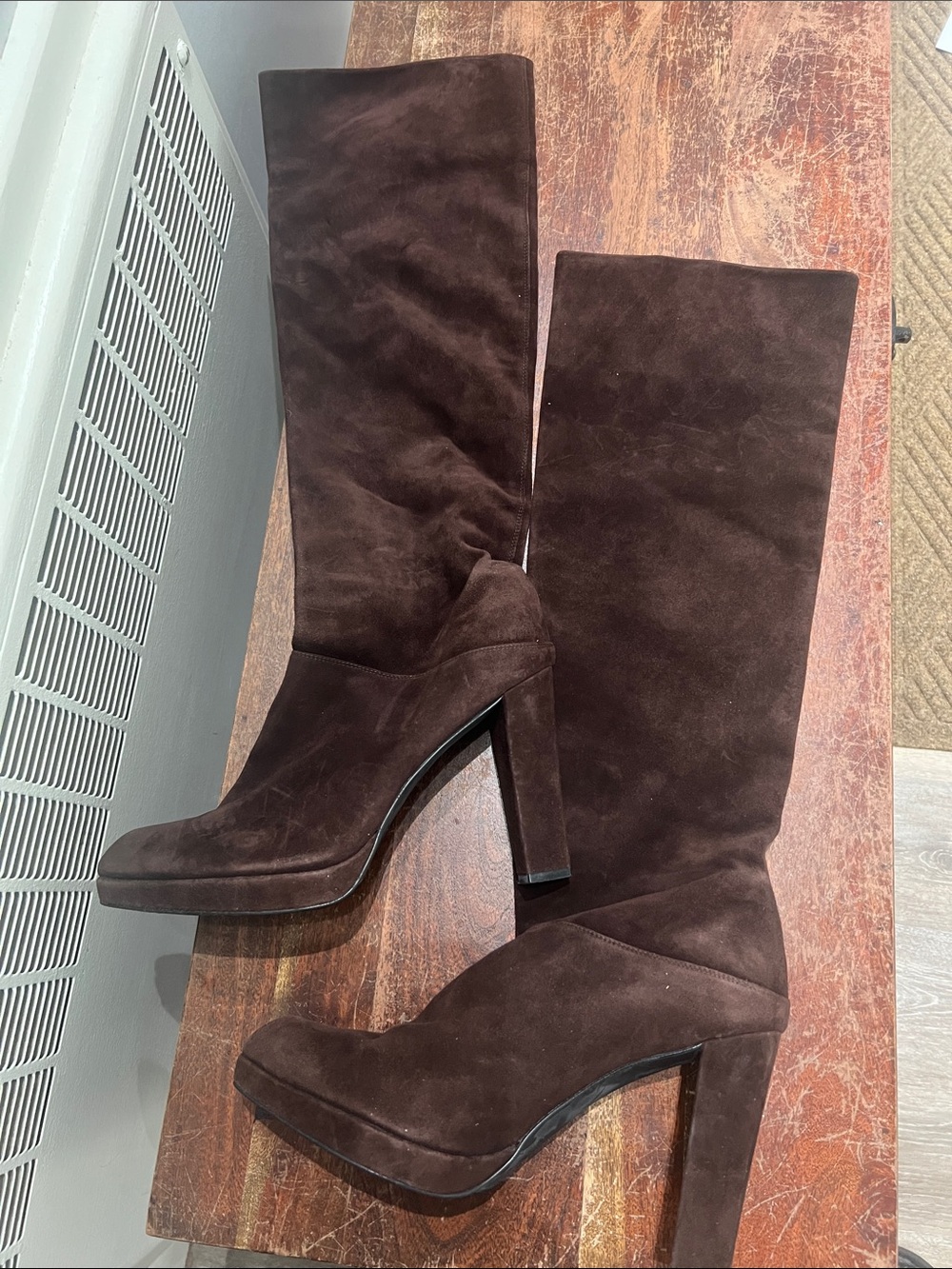 Stuart Weitzman Dark Brown Suede Over-the-Knee Block Heel Boots